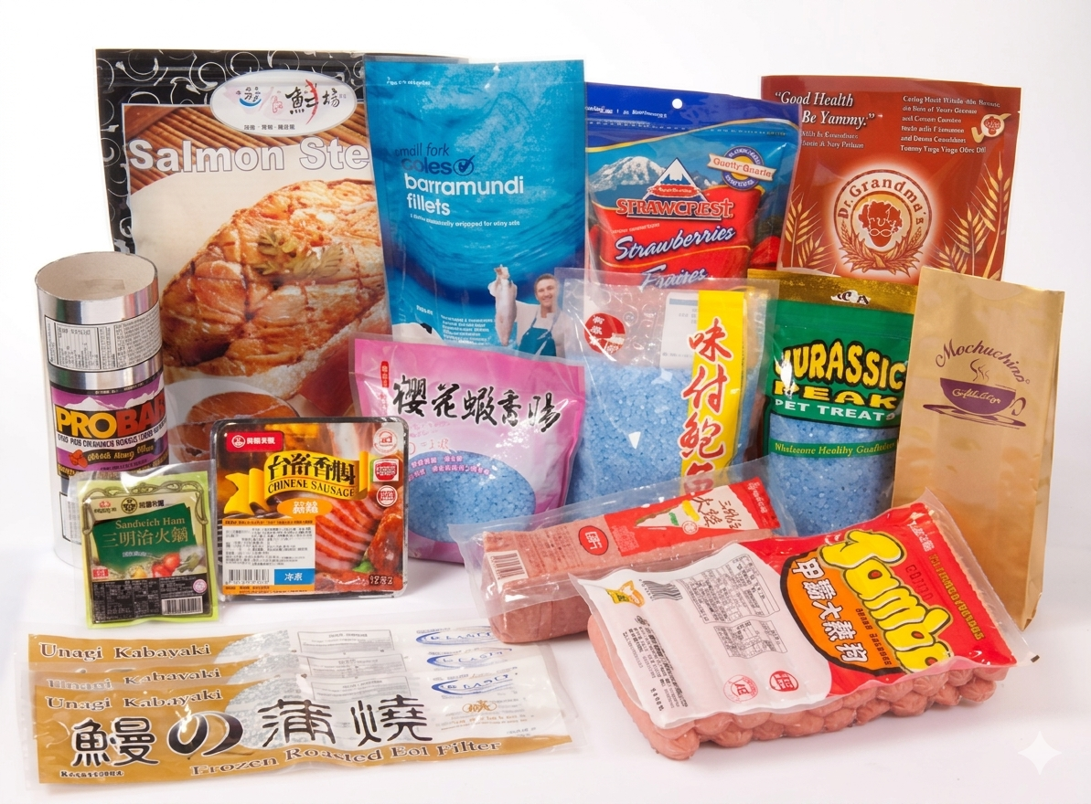 Laminated stand-up pouches and bags with branded food packaging